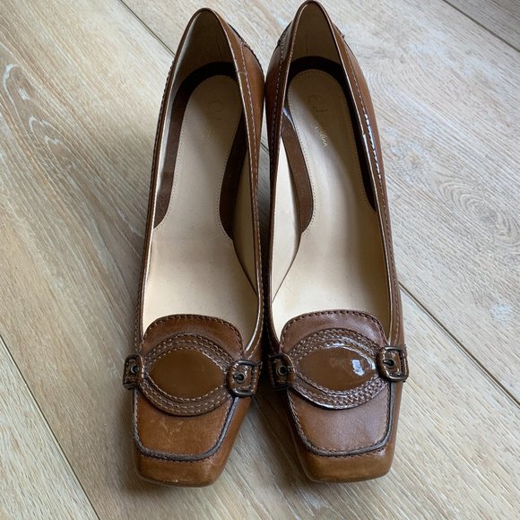 Cole Haan Brown Leather Pumps Brown Buckle Kitten Heel Women Shoes - Picture 2 of 5